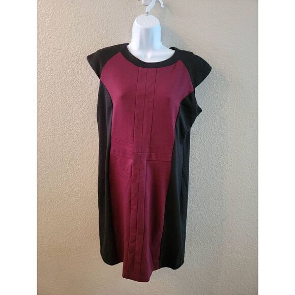 Elementz Women's Black Burgundy Colorblock Ponte Sheath Dress Size Petite Large - Picture 1 of 5